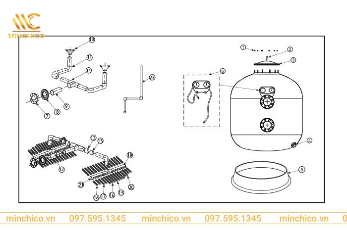 Cấu tạo chi tiết bình lọc hồ bơi Minder Series F