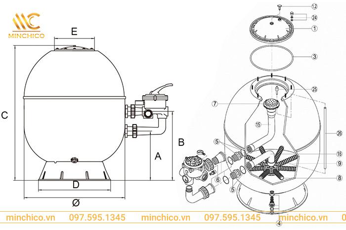 Cấu tạo bình lọc cát Kripsol AK 402000.B Cấu tạo bình lọc cát Kripsol AK 402000.B