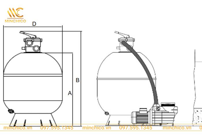 Thông số kỹ thuật bình lọc cát bể bơi Kripsol AKT van đỉnh