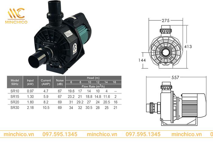 Kích thước, bản vẽ kỹ thuật máy bơm bể bơi Emaux Model SR Kích thước, bản vẽ kỹ thuật máy bơm bể bơi Emaux Model SR