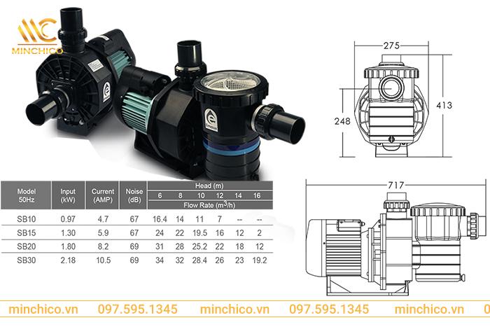 Bản vẽ kỹ thuật, kích thước máy bơm Emaux Series SB Bản vẽ kỹ thuật, kích thước máy bơm Emaux Series SB