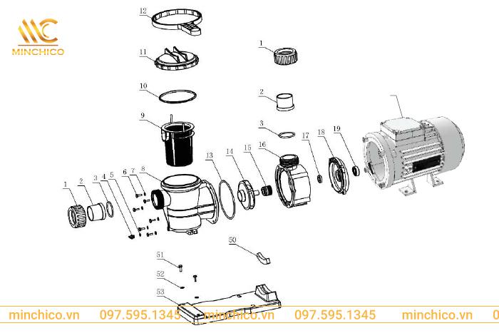 cấu tạo máy bơm nước bể bơi mini Minder MVP100