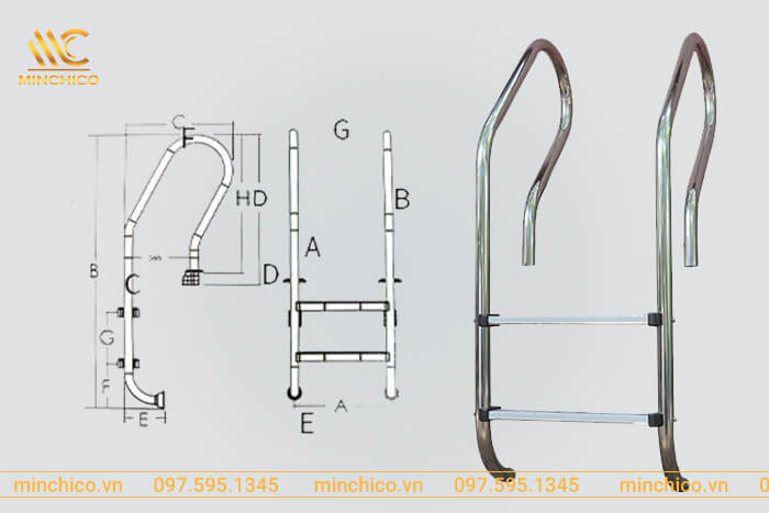 Thông số kích thước thang bể bơi SF215 Thông số kích thước thang bể bơi SF215