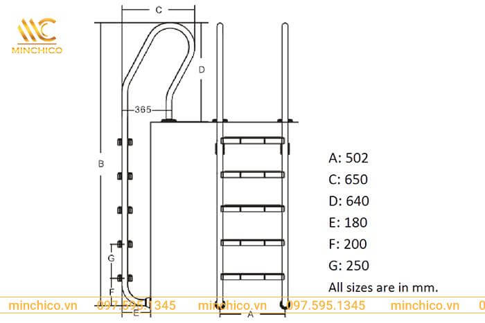 Thông số kỹ thuật thang bể bơi SF515 Thông số kỹ thuật thang bể bơi SF515