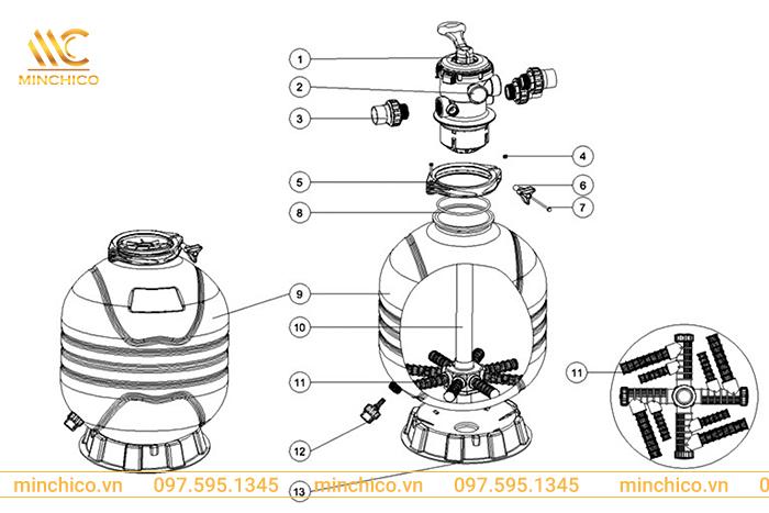 Bản vẽ cấu tạo Bình lọc nước hồ bơi Emaux MFV35