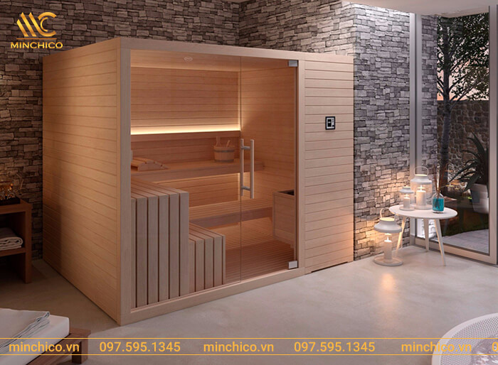 phòng xông hơi khô gỗ kết hợp kính