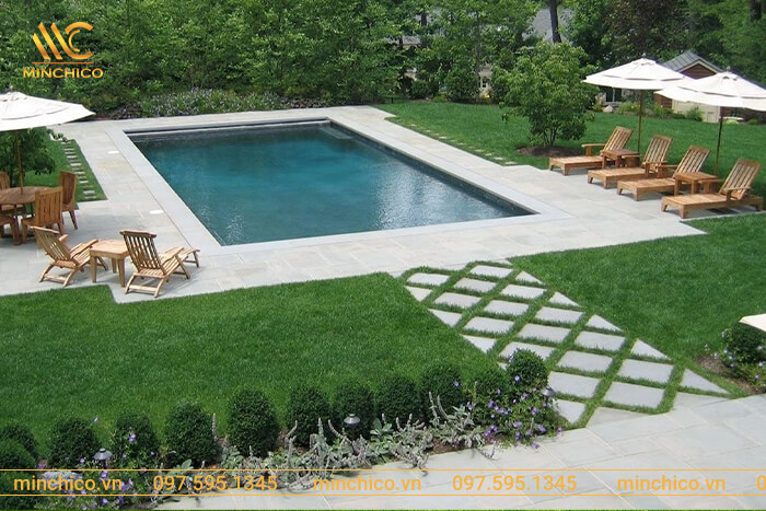 Tạo lối đi sân vườn có bể bơi bắt mắt