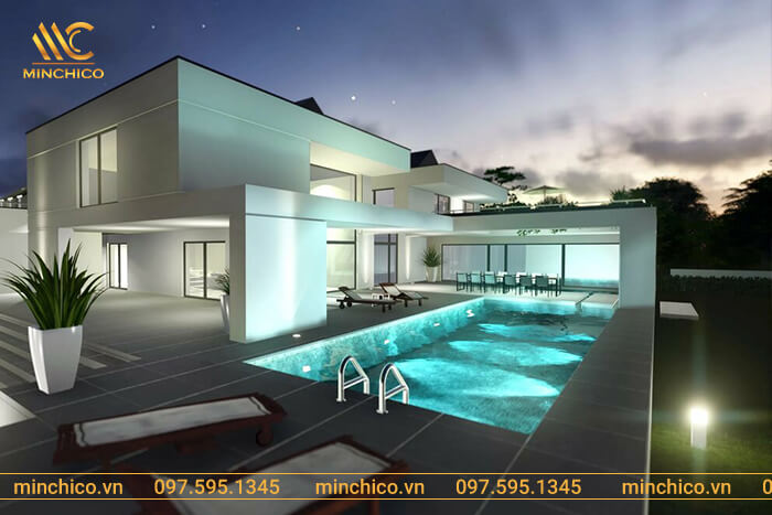 Hiệu ứng ánh sáng thành bể giúp cho căn biệt thự và tổng thể sân vườn thêm phần lung linh, sang trọng