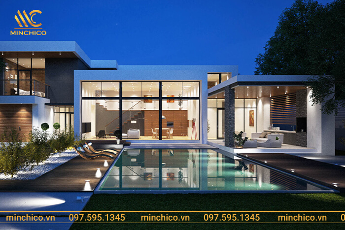 Biệt thự hiện đại không gian mở có bể bơi diện tích lớn. Hệ thống đèn sân vườn, đèn hồ bơi kết hợp một cách hài hòa, sang trọng và thẩm mỹ