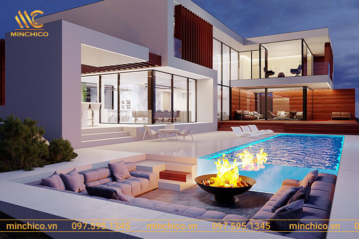 Hồ bơi vô cực phía trước nhà tuy có diện tích không quá lớn nhưng lại là nơi thư giãn, xả stress lý tưởng cho cả gia đình