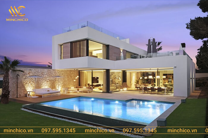 Mẫu biệt thự hiện đại 2 tầng không gian mở có hồ bơi sân vườn đẹp, tiện nghi