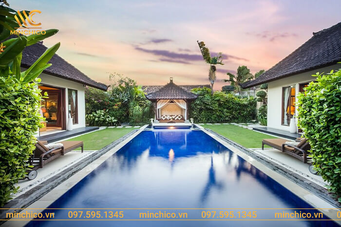 Mẫu thiết kế hồ bơi sân vườn resort nghỉ dưỡng có chòi nghỉ đẹp hút mắt