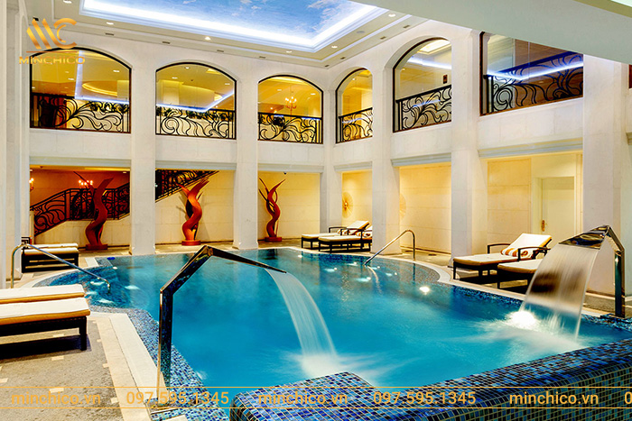 Thiết kế bể bơi ở sảnh tòa nhà khách sạn, diện tích tương đối rộng rãi Thiết kế bể bơi ở sảnh tòa nhà khách sạn, diện tích tương đối rộng rãi