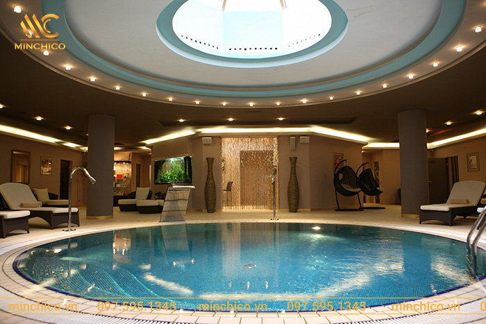 Mẫu bể bơi trong nhà hình tròn kết hợp thêm phòng xông hơi spa Mẫu bể bơi trong nhà hình tròn kết hợp thêm phòng xông hơi spa