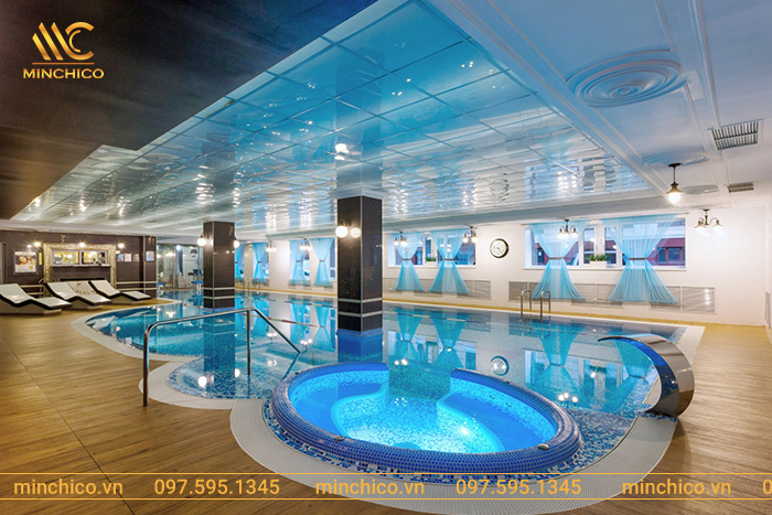 Mẫu bể bơi trong nhà kết hợp bể sục, vòi phun massage ấn tượng Mẫu bể bơi trong nhà kết hợp bể sục, vòi phun massage ấn tượng